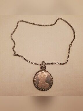 Vintage SF Maria Theresa Thaler Sterling Silver Coin Pendant Necklace - Silver